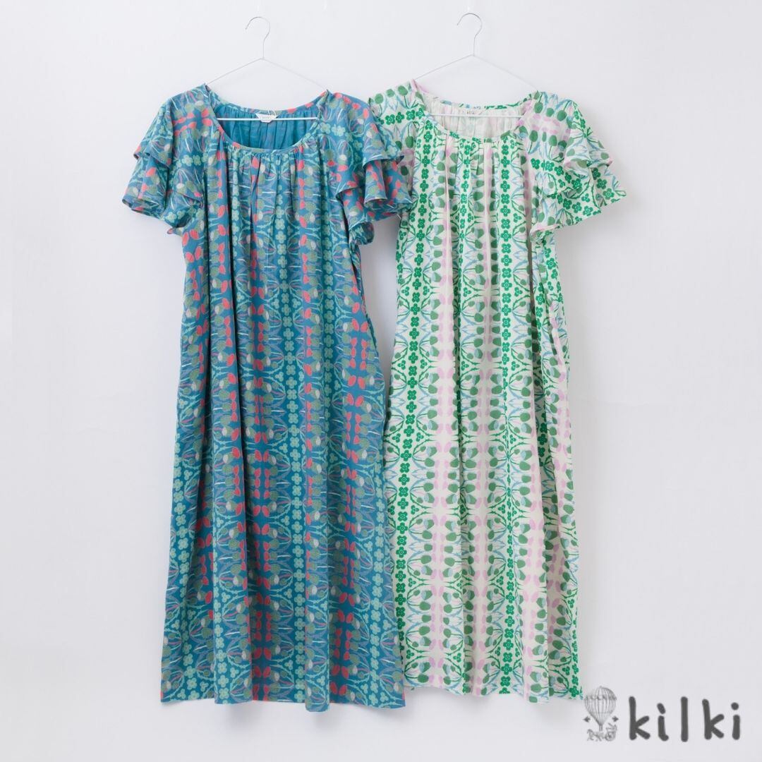 KILKI キルキー ワンピース レディース 春 夏 半袖 ロング アザミ 花柄 イラスト フリル 綿100 コットン100% coco made ゆったり かわいい カジュアル きれいめ おしゃれ グリーン ベージュ S-D35 Kl042