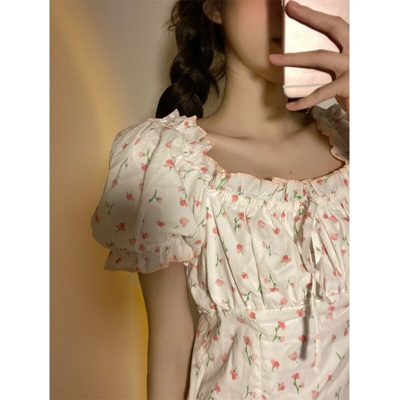 フローラルスカート カラードレス サマーウェスト薄手 大人ガーリー スウィート キュート カジュアル 夏物 花柄 スクウェア 萌量不足80857807374