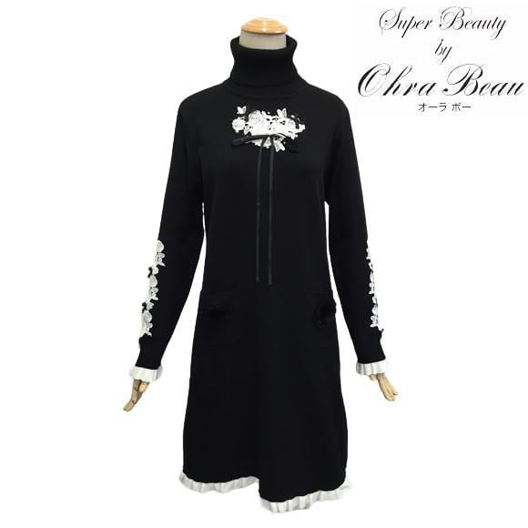 Super Beauty ニットワンピース タートルネック LL 薔薇 ブラック スーパービューティータートルネック Super Beauty ニットワンピース