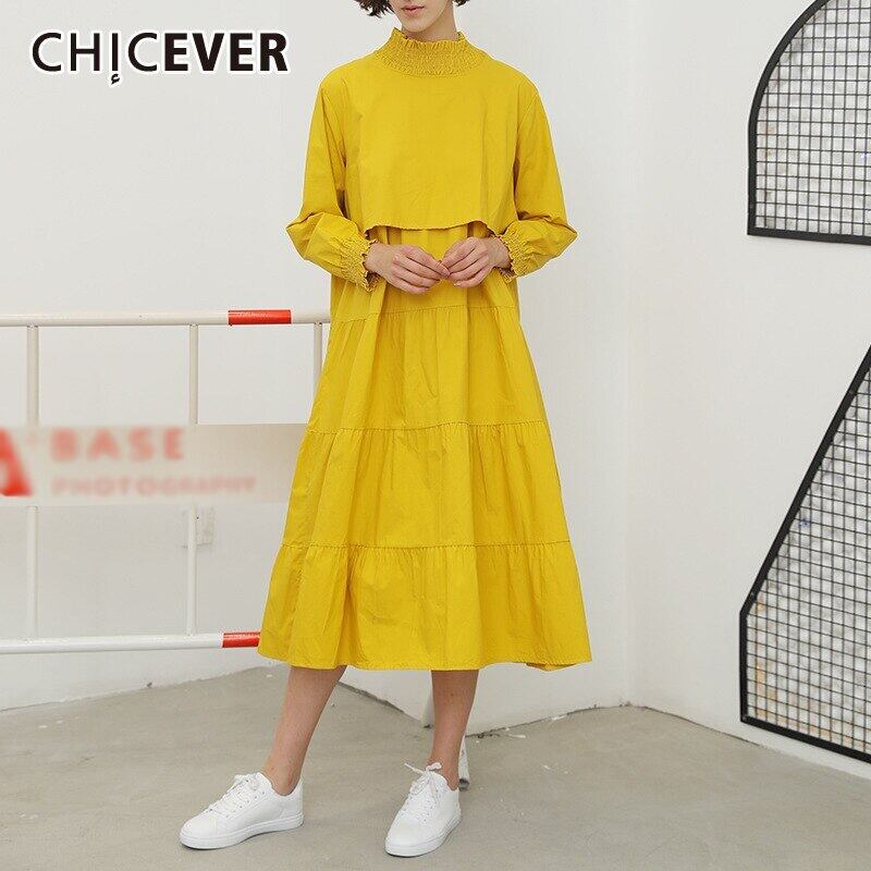 CHICEVERドレス女性スタンドカラーランタン長袖パッチワークフリルシャーリングオーバーサイズドレス2021 ロング ラッフル 6base566163832200