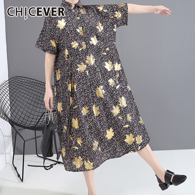 CHICEVERヴィンテージプリントレディースドレスラペルカラー半袖オーバーサイズルーズドレス2020服 ショート ハーフスリーブ ビンテージ 6base514200643365