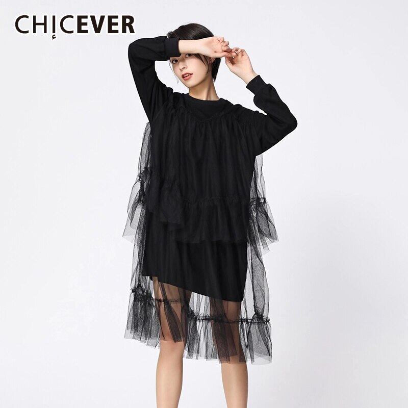 CHICEVERブラックドレスレディースOネック長袖パッチワークメッシュルーズフリル特大Aラインドレス2020オータムタイド ロング ラッフル 秋物 6base558092752831