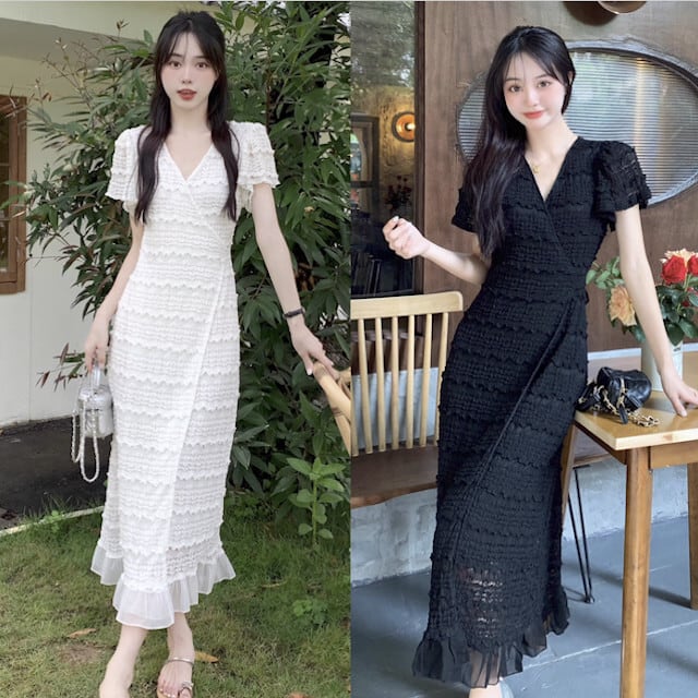 ワンピース レディース ロングワンピ ロング丈 半袖 レース シースルー カシュクール リボン 春夏 旅行 お出かけ デート リゾート ホワイト/ブラック 大きいサイズ M/L/XL/2XL/3XL/4XL