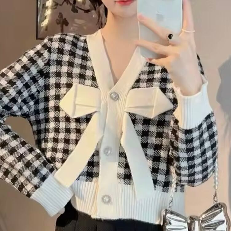 ブロックチェックリボンカーディガン
