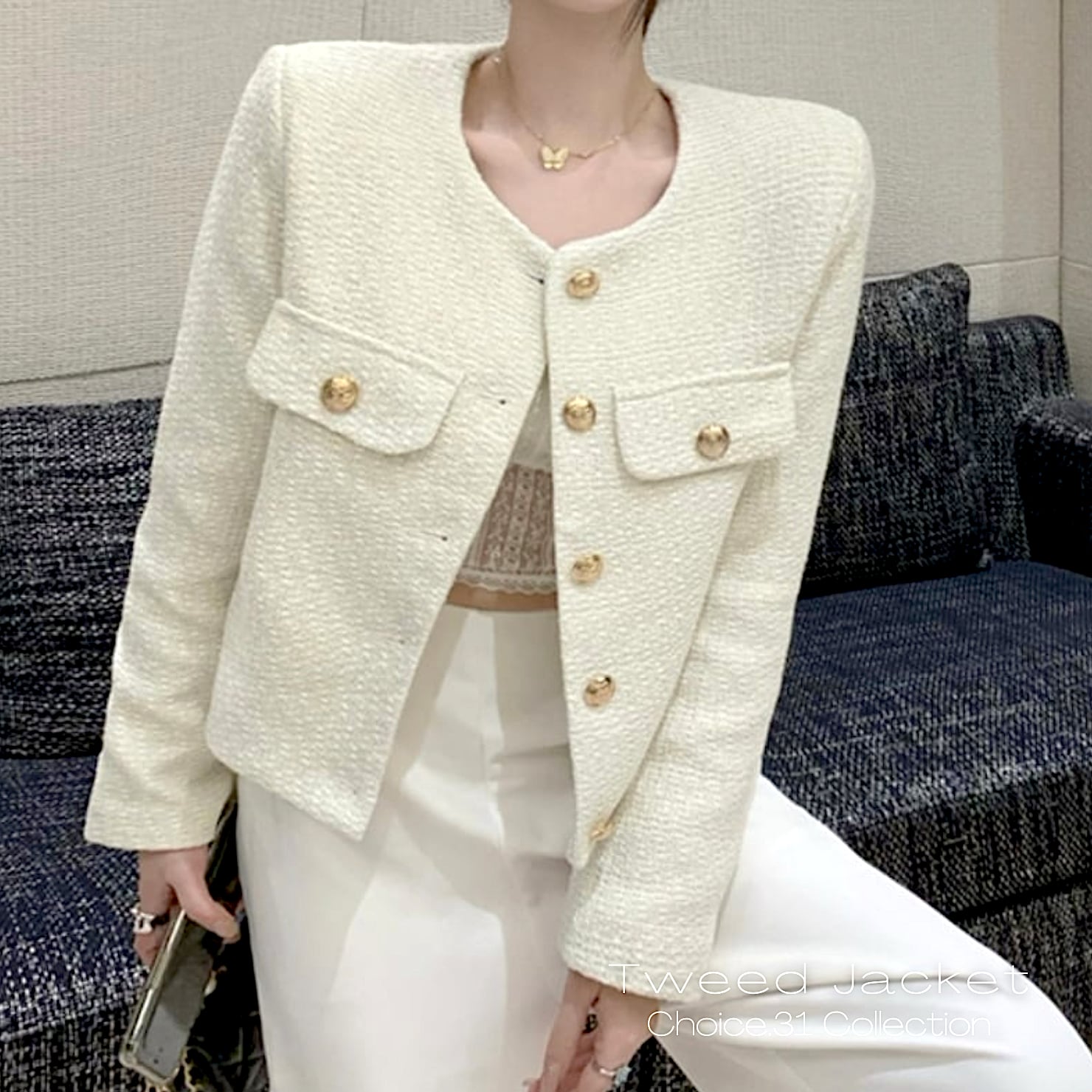 ノーカラー ツイードジャケット ジャケット ショート丈 アウター コート 韓国ファッション 白 CHOICE.31 ファッション通販