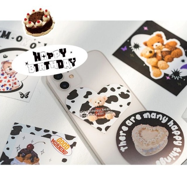 くま系シール おしゃれな黒の牛柄ステッカーシール かわいいぬいぐるみのくま テディベアをスマホやノートのコラージュに 海外紙もの シール チャトラッシュ