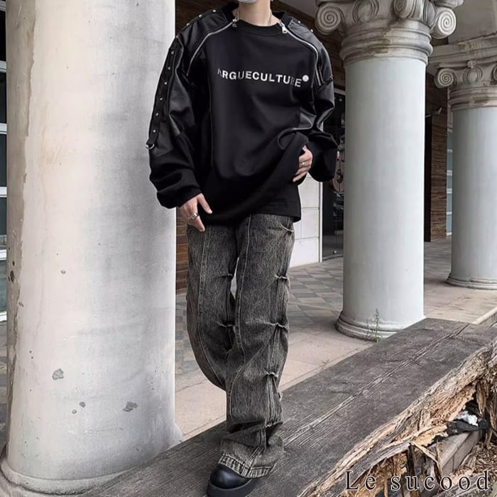 お支払い確認後20日以内発送】Le sucood 異素材切替スタッズトレーナー