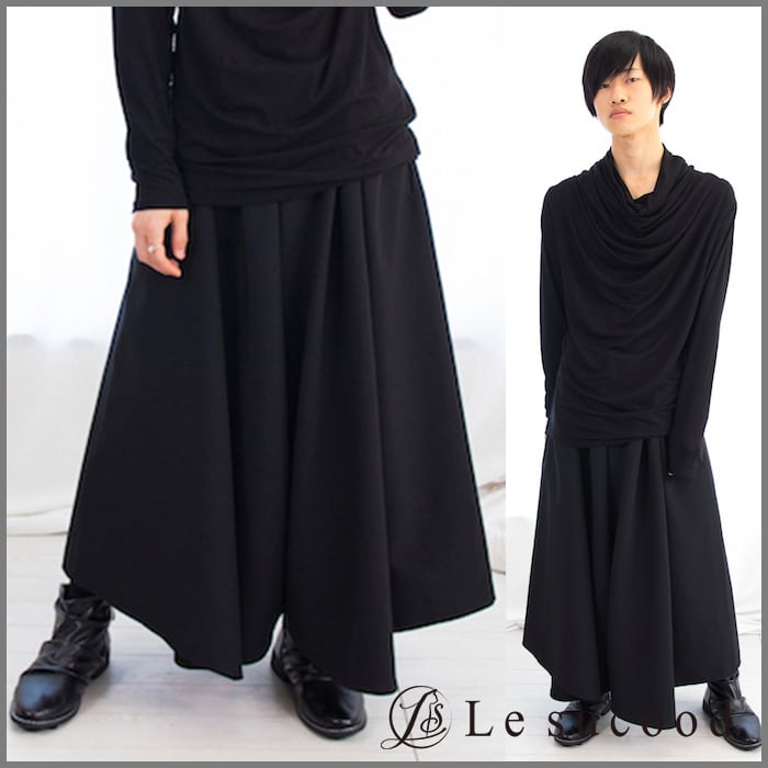 【Le sucood】袴パンツ はかまパンツ モード 黒 ブラック メンズ レディース ドレープ サルエル ガウチョ ワイドパンツ ロングスカート  ボリュームパンツ ドレープスカート 大きいサイズ ゆったり ビジュアル系 ユニセックス ルシュクード