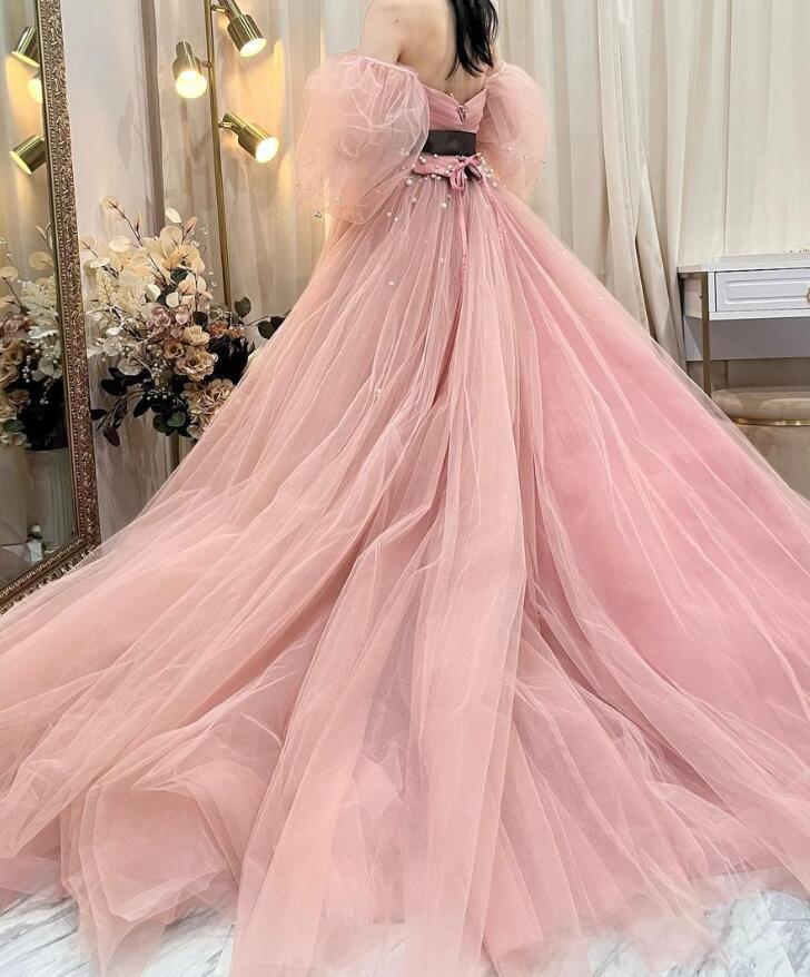 ビーズ付きピンクカラードレス （カラードレス ピンク ビーズ サッシュ  