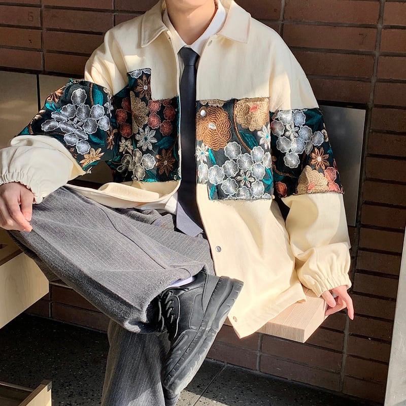 高墣シリーズ ジャケット アウター 2color 花柄刺繍 ベージュ ブラック 男女兼用 大きいサイズ かっこいい Elegant