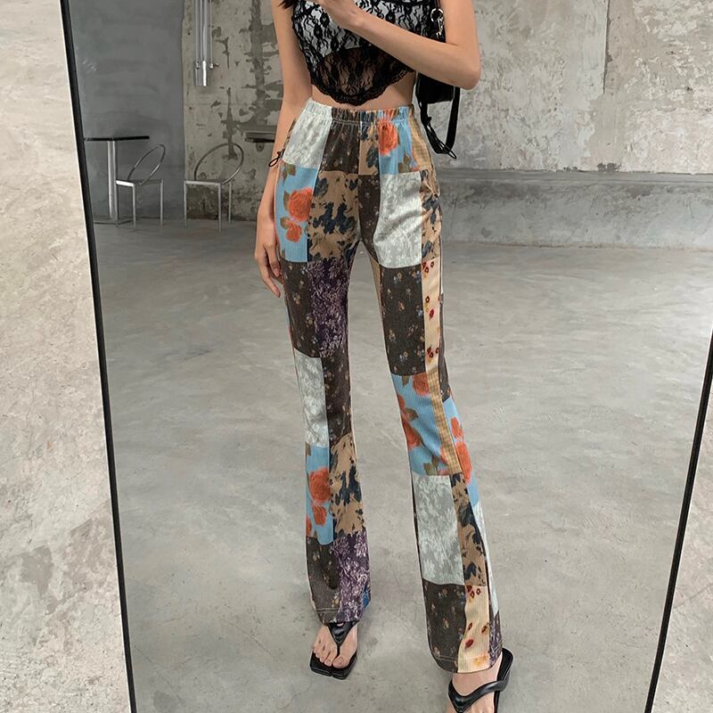 パンツ ハイウェストウェストスリムプリントサマースタンダード レッド レトロ 夏物 ブラックストロベリース12442224570