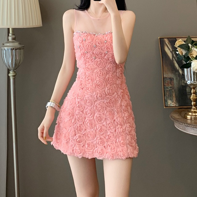 ノースリーブ ミニ丈 ローズ装飾 パーティードレス 　L00383