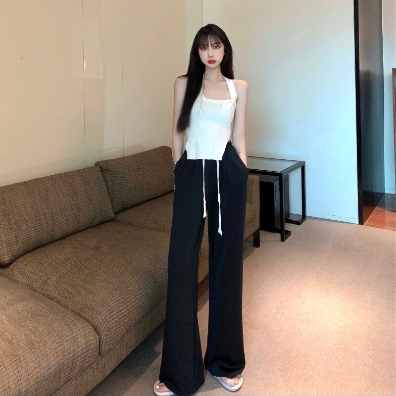 ワイドレッグパンツ レディースブラックルーズハイウェストウェストサマー薄手カジュアル 夏物 ワイドパンツ ブラックストロベリース26382160074