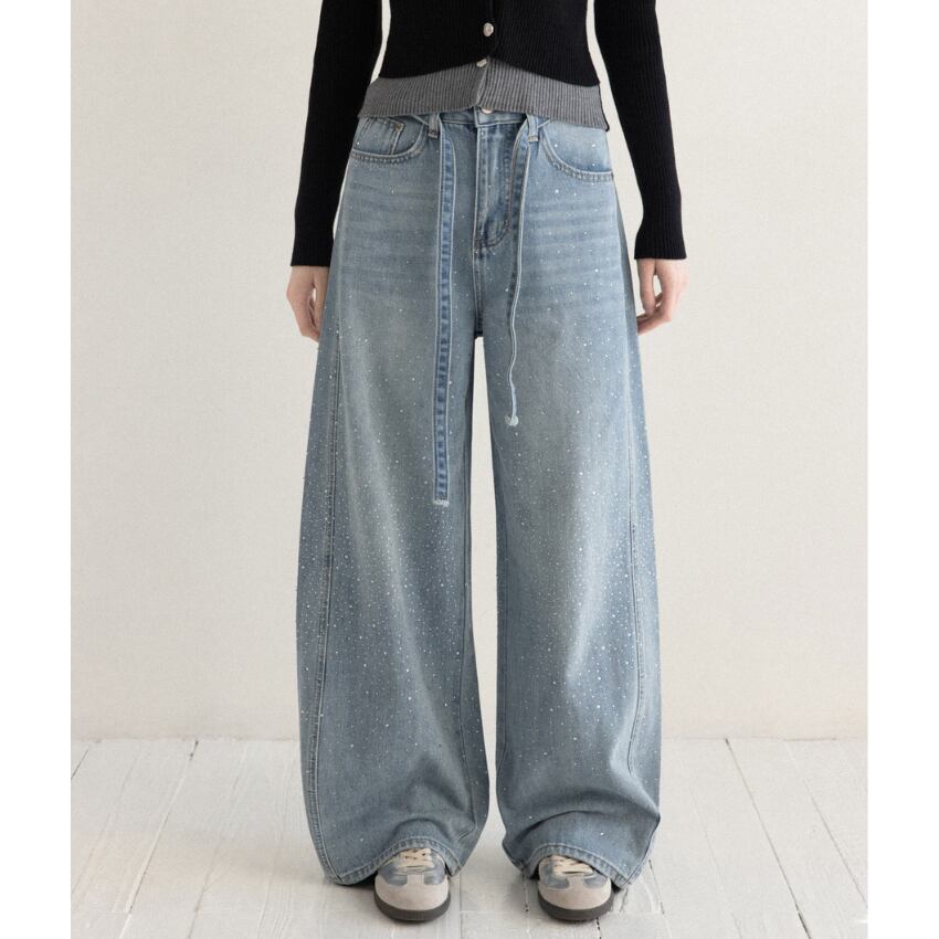 belted rhinestone denim pants　J00438