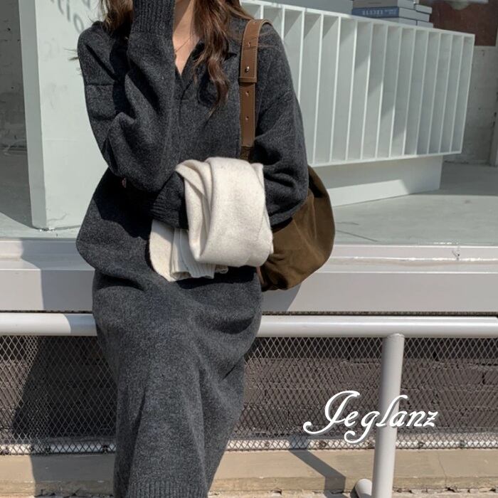 4色 ニット 襟付き ワンピース サック きれいめ カジュアル(MA710)γ