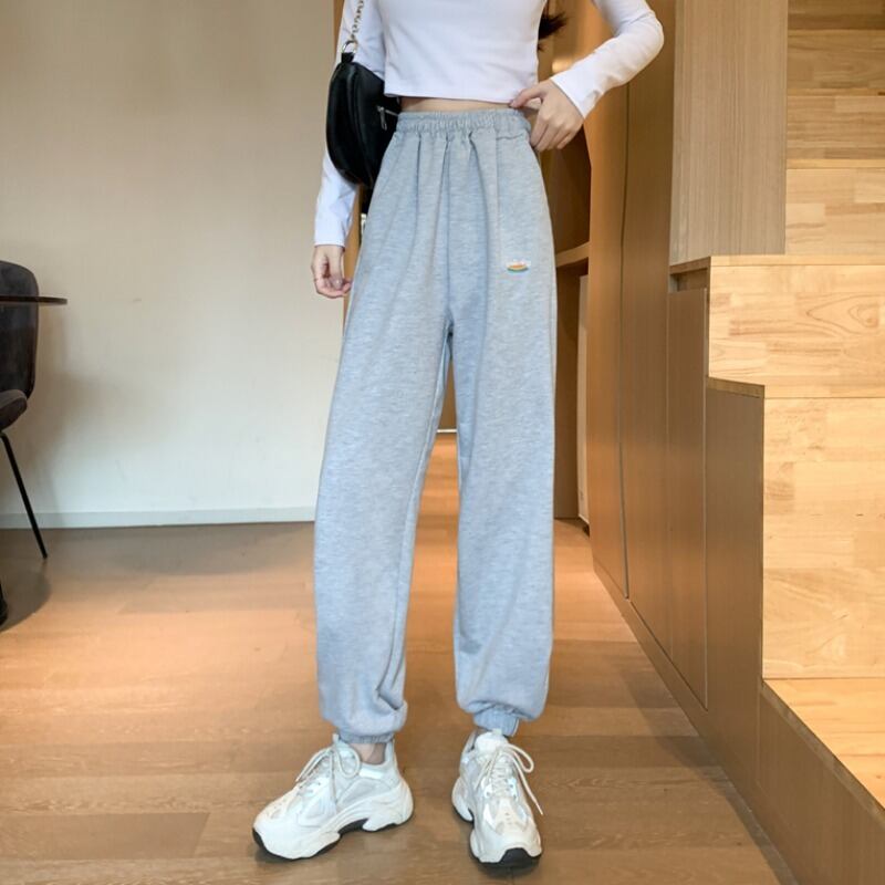 グレーパンツ スプリングオータムハイウェストカジュアルルーズ薄手 春物 秋物 1号婦人22364893241