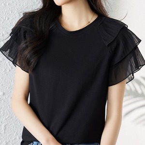 black cotton mesh patchwork loose fit short sleeve t shirt＜t3143＞