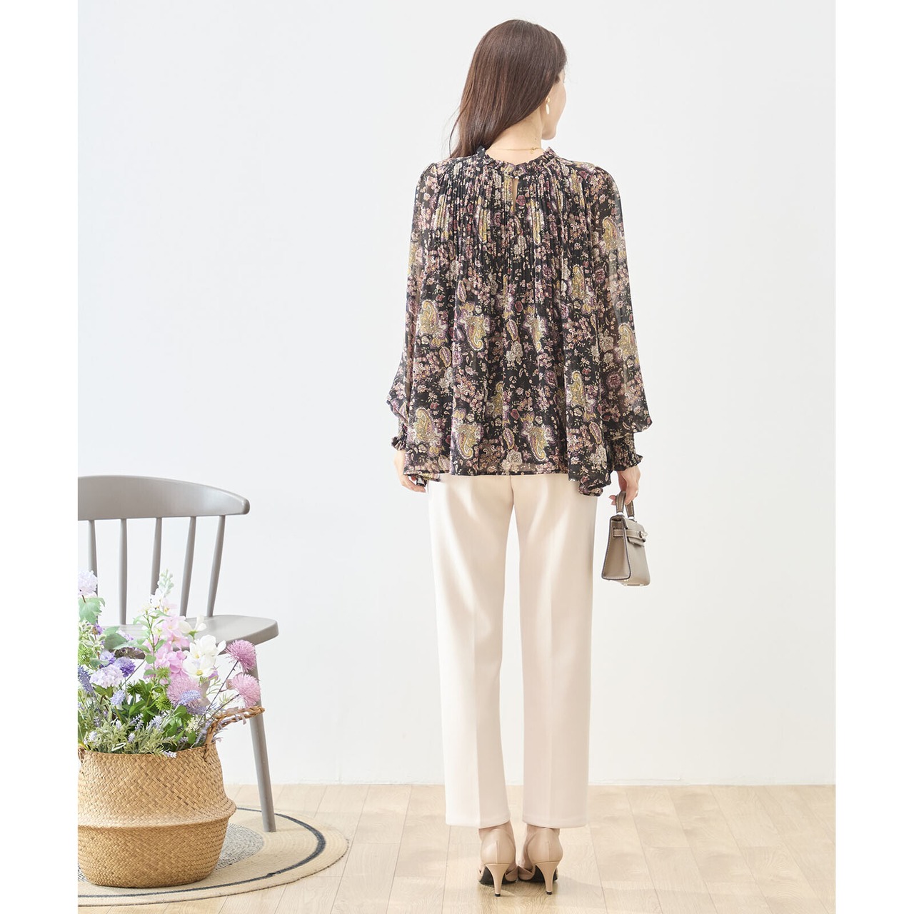【SALE 10%OFF 4/15 10:00まで】TRUBE ペイズリーギャザープリーツチュニック【M~L】ブラック
