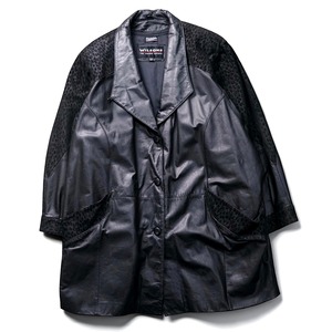Vintage switching leather loose over coat "BLACK"