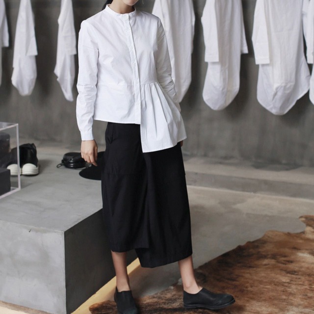 Pleated hem long sleeve shirt C0361