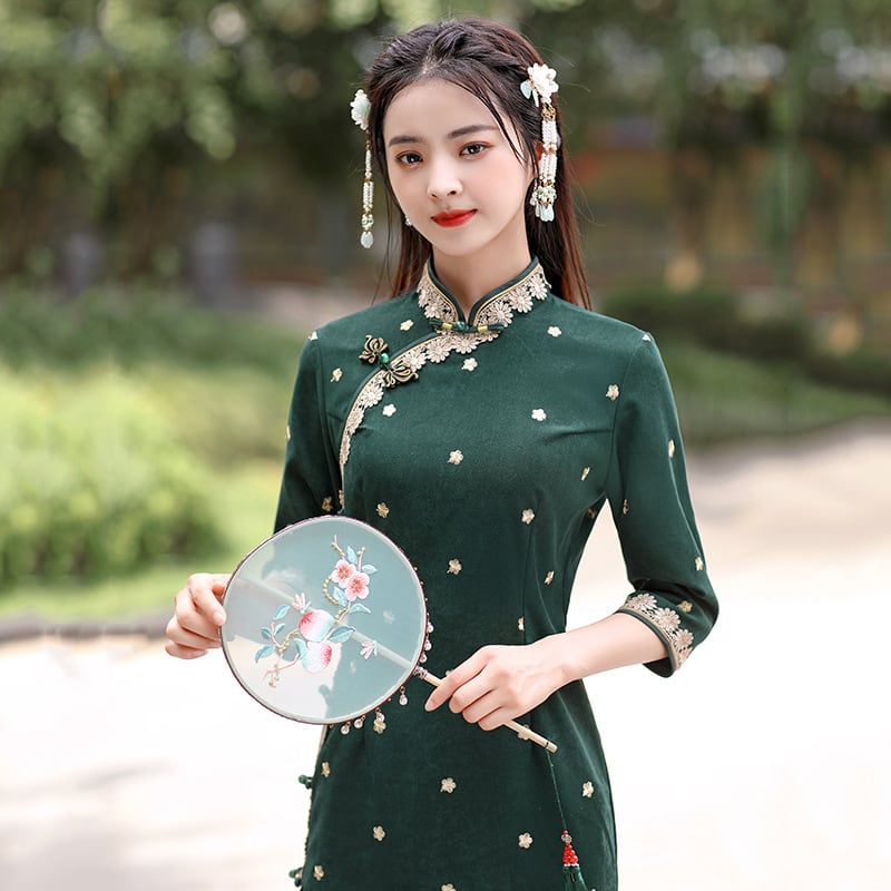 チャイナドレス かわいい 刺繍 七分袖 チャイナ風服 チャイナボタン チャイナ服