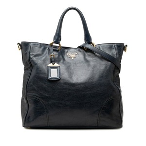 プラダ ヴィッテロシャイン ハンドバッグ 2WAY ショルダーバッグ ネイビー ゴールド レザー レディース PRADA 【中古】