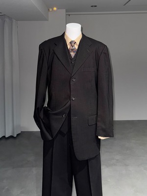 [3PIECE] vintage stripe suit / 3button jacket × lapeled vest × wide tuck trousers / dark brown
