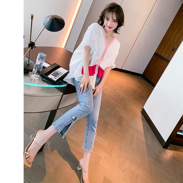 ニットシャツ ルーズカーディガンスリムジーンズ サマースタイル 夏物 ステッチ MIUCO22590360250