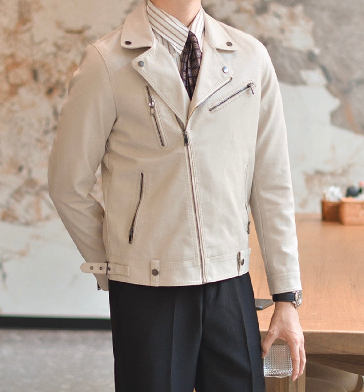 アイボリーPUレザーダブルライダースジャケット | Buona Vita