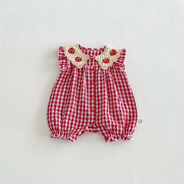 【BABY】ストロベリー刺繍チェック柄レース襟ロンパース - 15