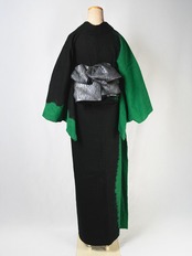 【レディース】仕立て上がり 絞り染め麻着物 黒緑　[B1268]