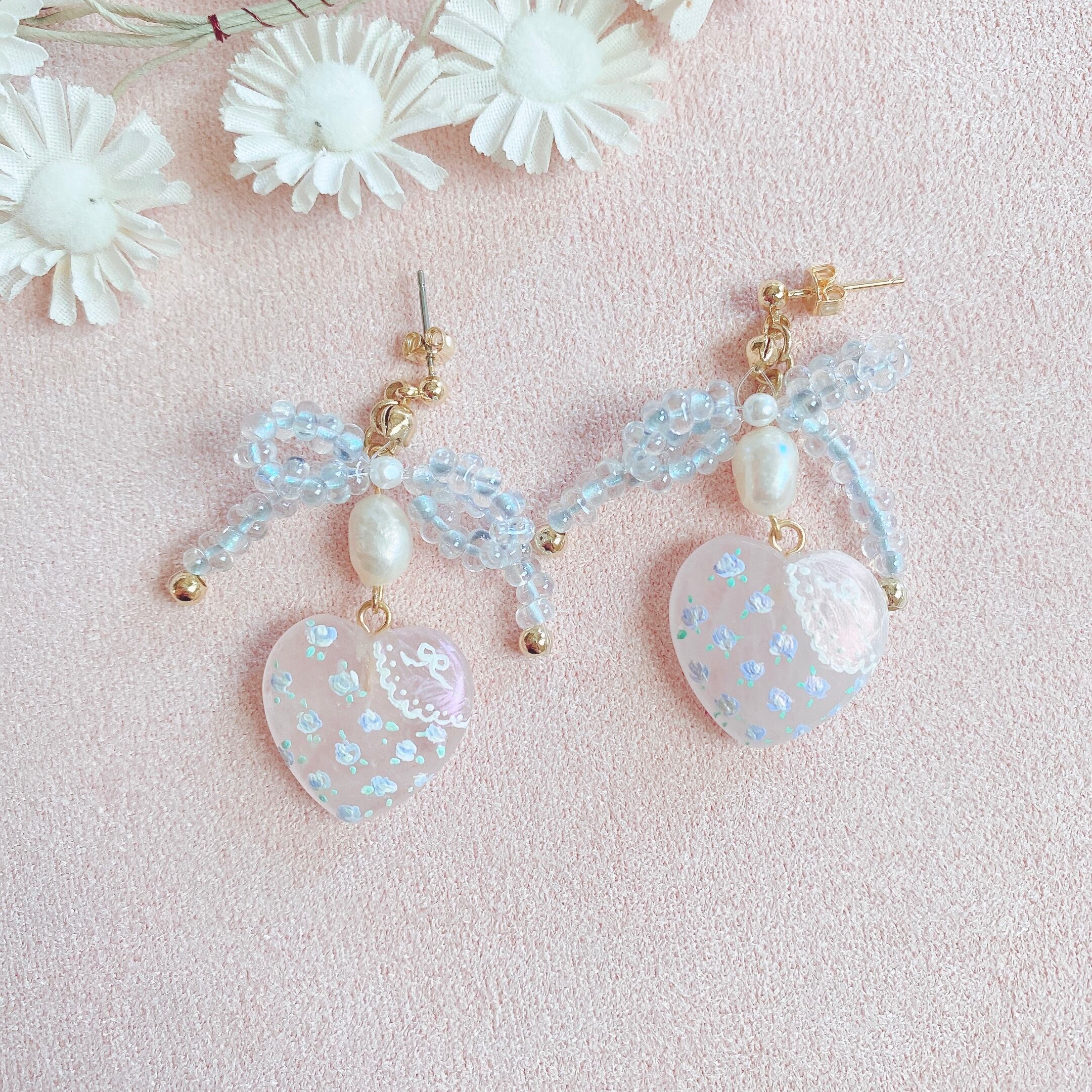 Snowing winter hand painted earrings (BLUEピアス）