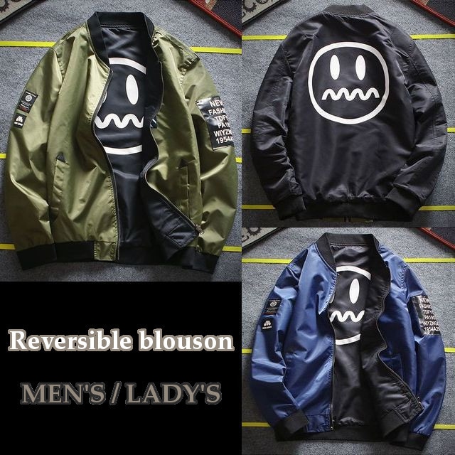 リバーシブル ブルゾン ジャンパー メンズ レディース アウター ジャケット 無地 顔マーク / Reversible blouson jumper men's ladies solid color face mark (DCT-566193138634)