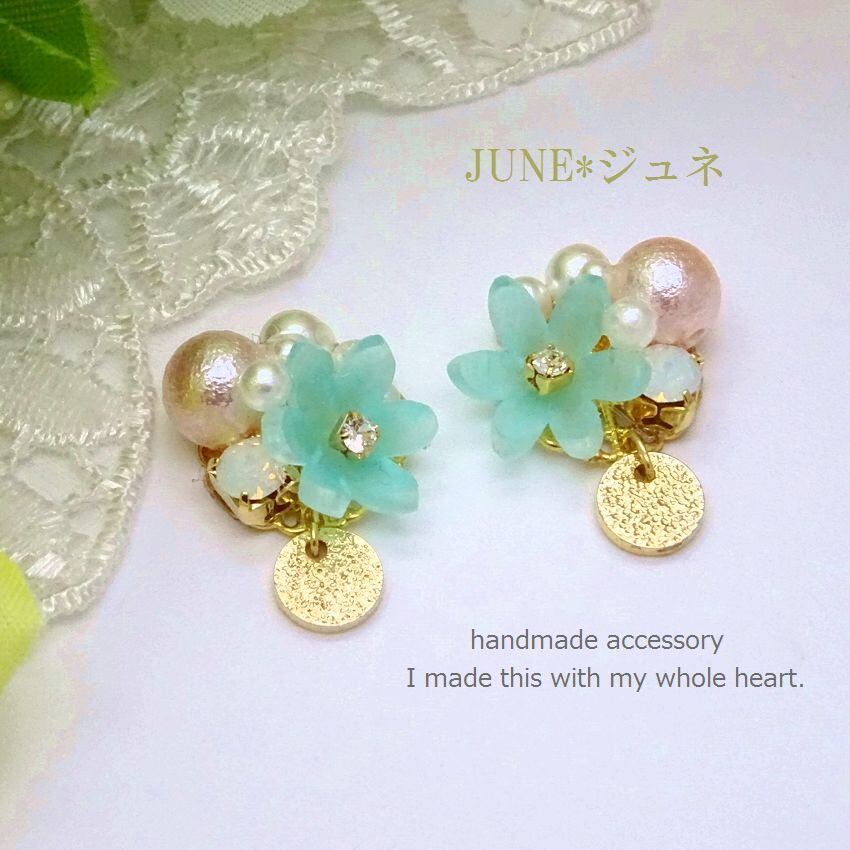 ໒꒱· ゜ミントの花《イヤリング》 （ミントカラー花＊roundプレートの 