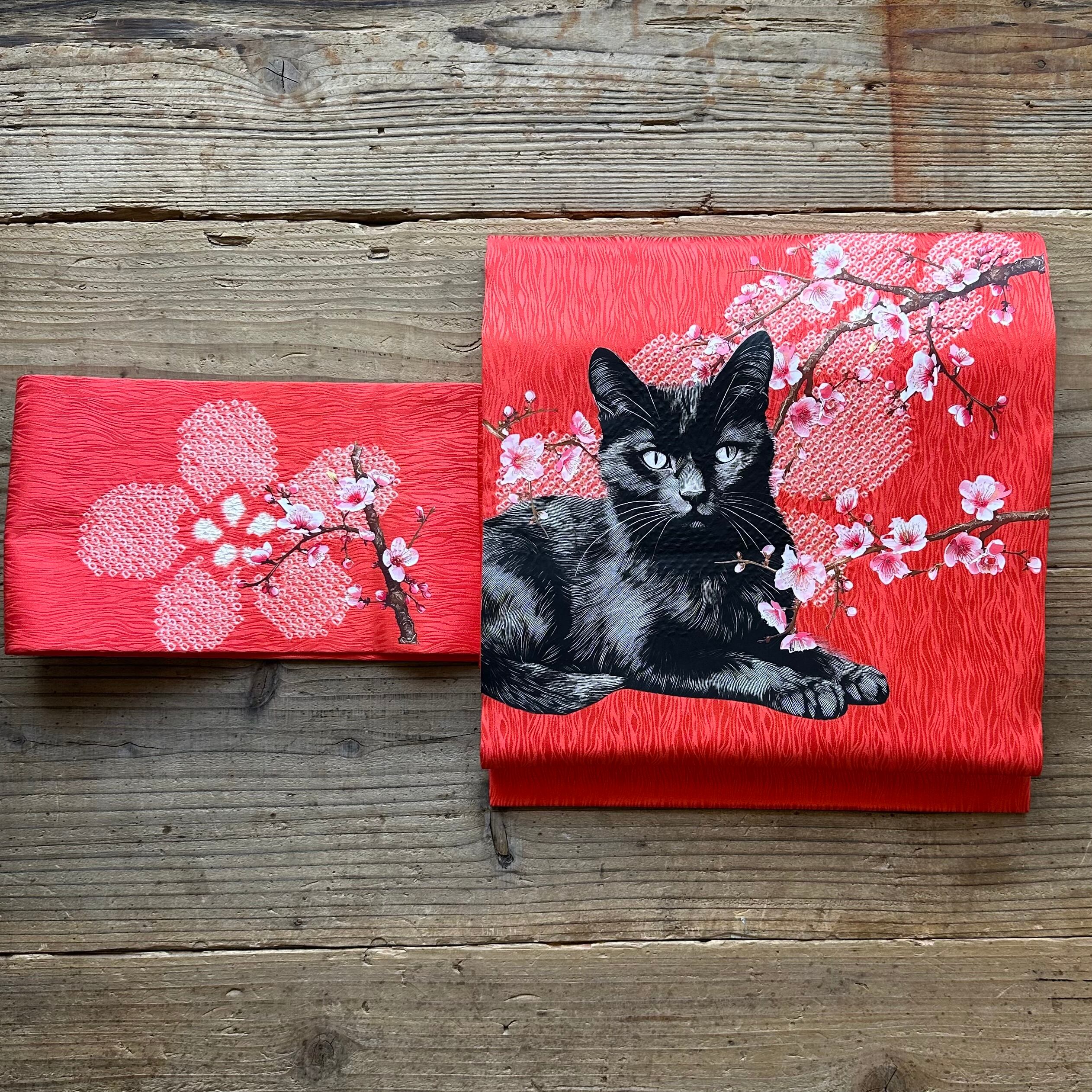 お花見猫ちゃん名古屋帯(黒猫