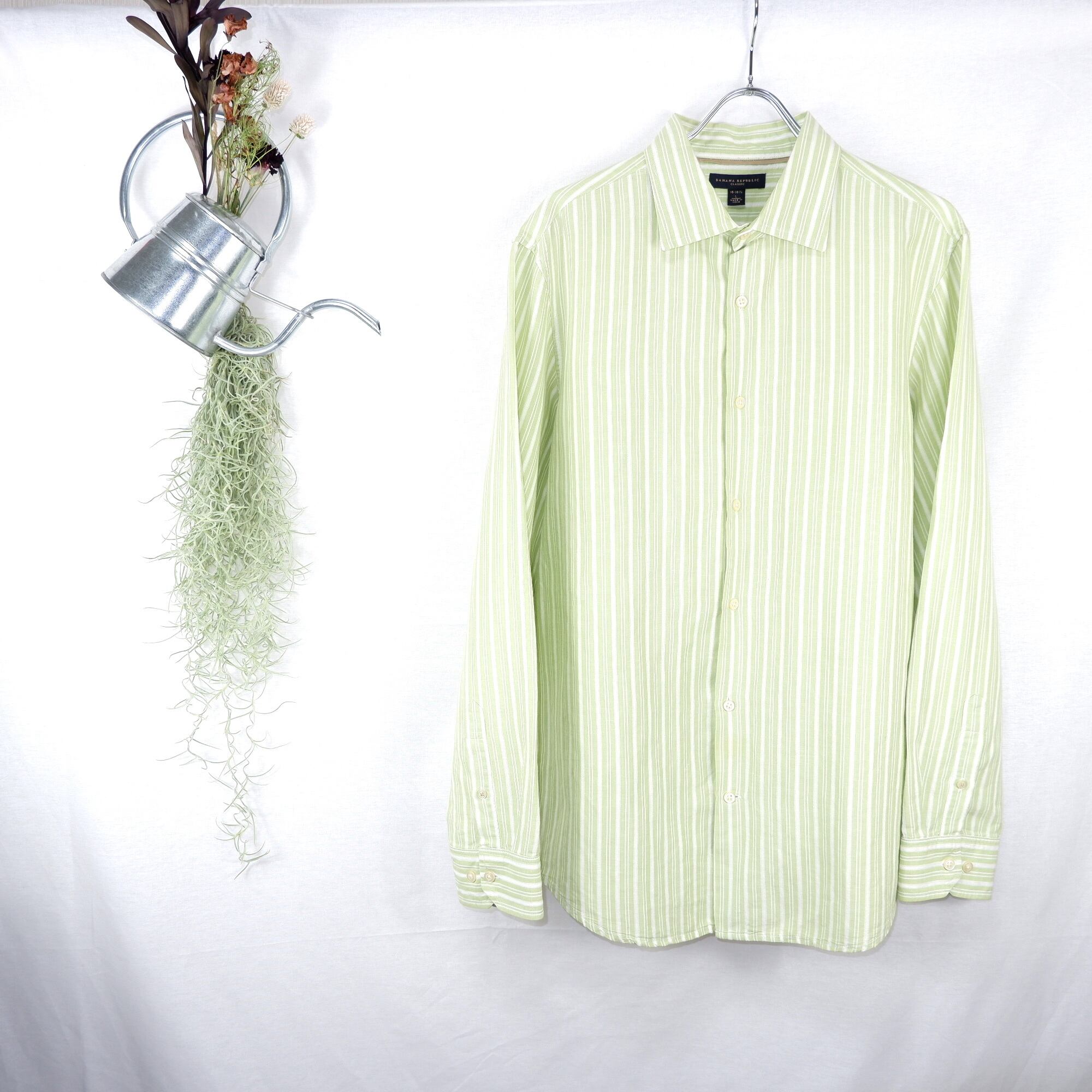 L Banana Republic Linen Mixed Green Stripe Shirt バナナ リパブリック リネン混紡 緑 ストライプ シャツ きれいめや90sのメンズ古着専門店jo Ro