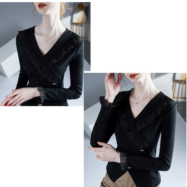 フリルデザイン エレガントVネック ダンストップス ds0956