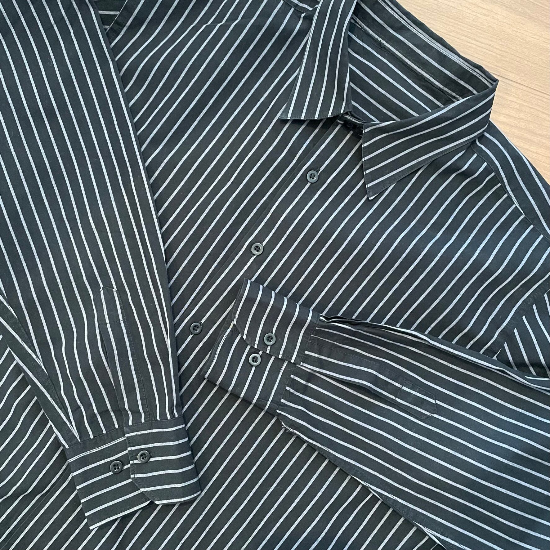 LA STRADA】ストライプ 柄シャツ 長袖シャツ ブラック×グレー メンズXL