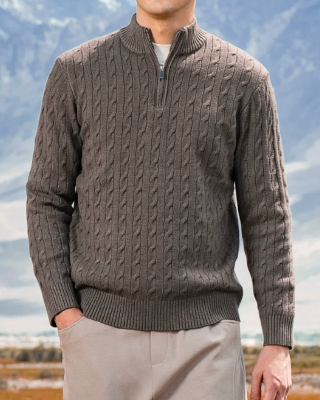 ハーフジップ ケーブル編みニット 4色 E0255