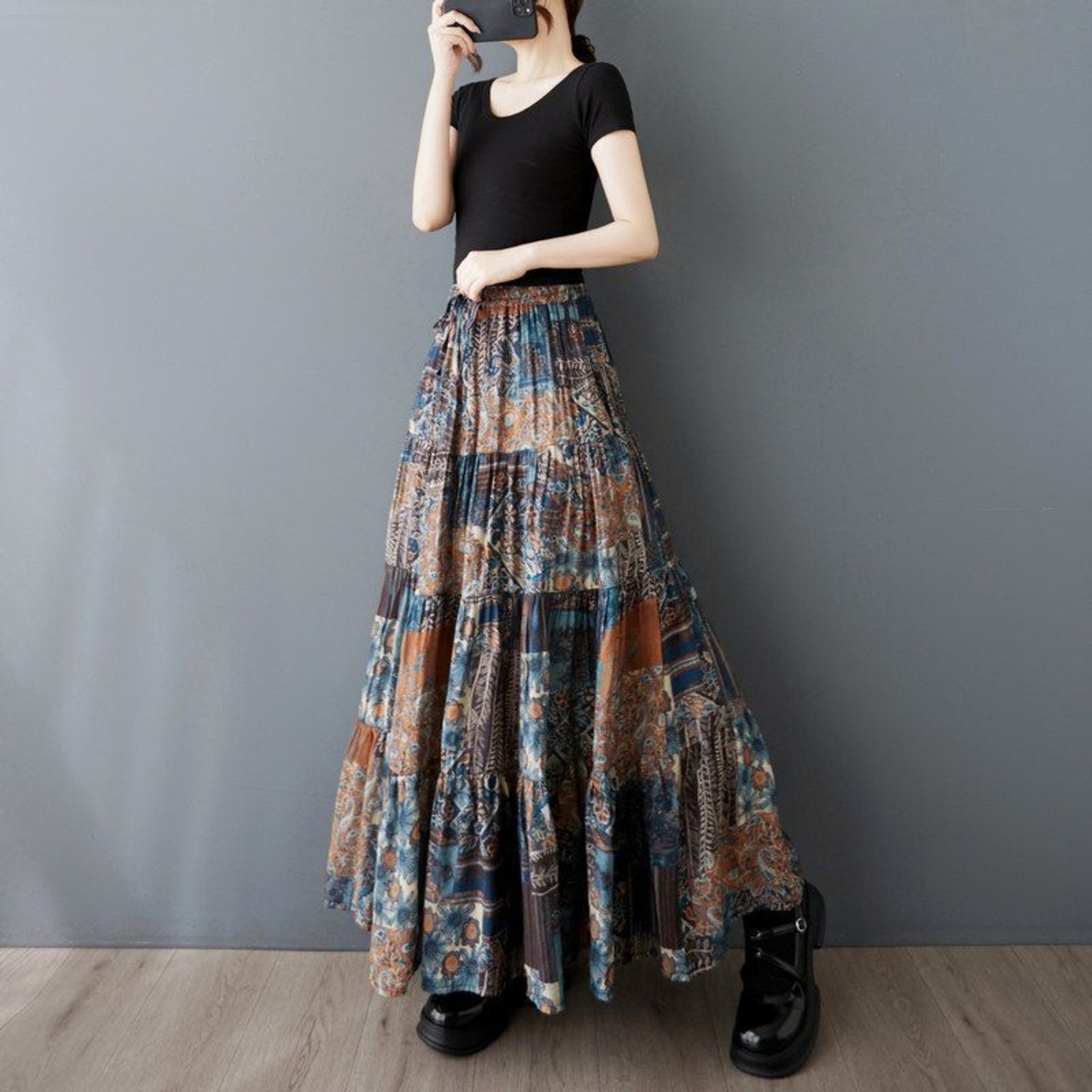 パッチワーク ティアード ロングスカート  00384