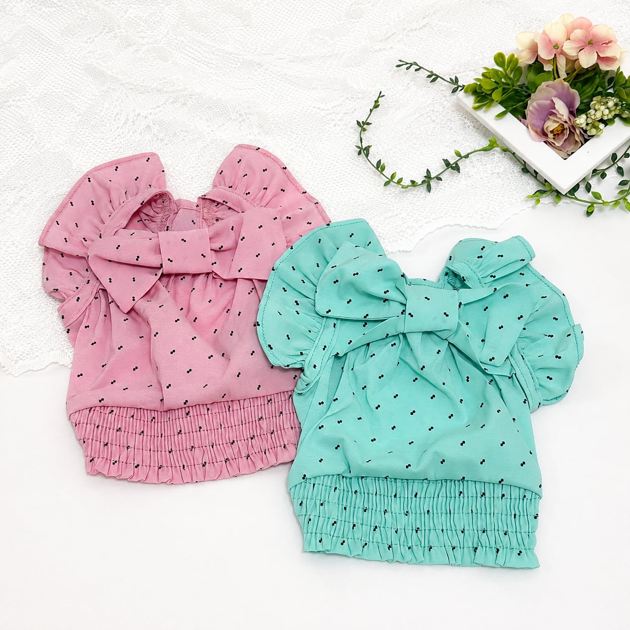 summer candy crop sleeveless S ~ XL 2color / 犬服 春夏 可愛い 犬の服 crop top Tシゃつ ショート丈 トップス リボン おパンツカット お揃い ドッグウェア 涼しい カラフル ドット top161