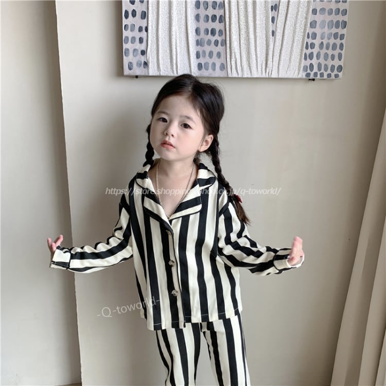 80 130 ストライプ ルームウェア パジャマ 長袖 2点セット 子供服 可愛い 男女兼用 キュート 男の子 女の子 子供服 韓国版 可愛い Q Toworld キュートワールド 子供服