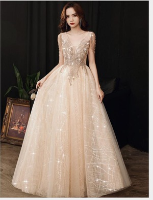 ★送料無料★9号(M)☆胸元ビジュ－飾りチュールロングドレス(OPN2330）