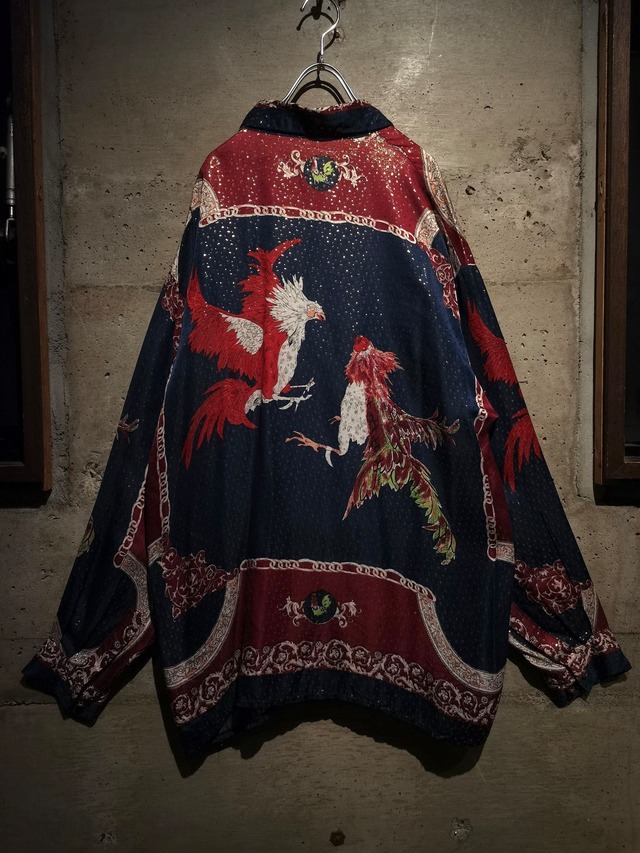 【Caka】Beautiful Bird Design Vintage Loose Silk Mix Scarf Shirt