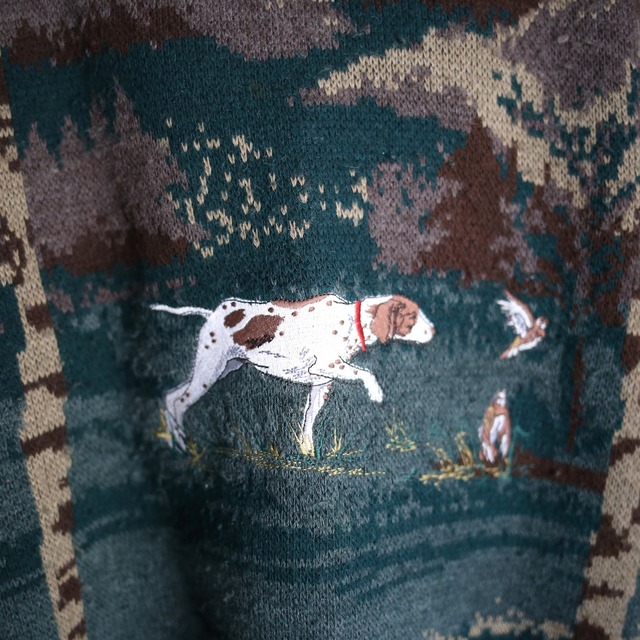 "刺繍" dog and birds forest pattern over size knit sweater