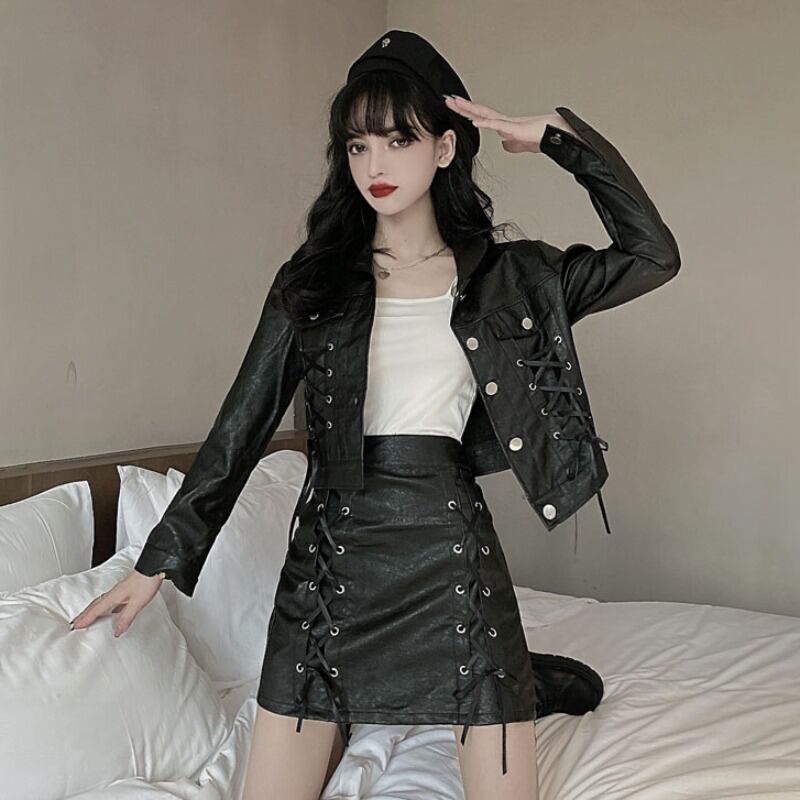 スリムレザージャケット ハイウェストウェストスカート ストリート ハンチェンe48338408873