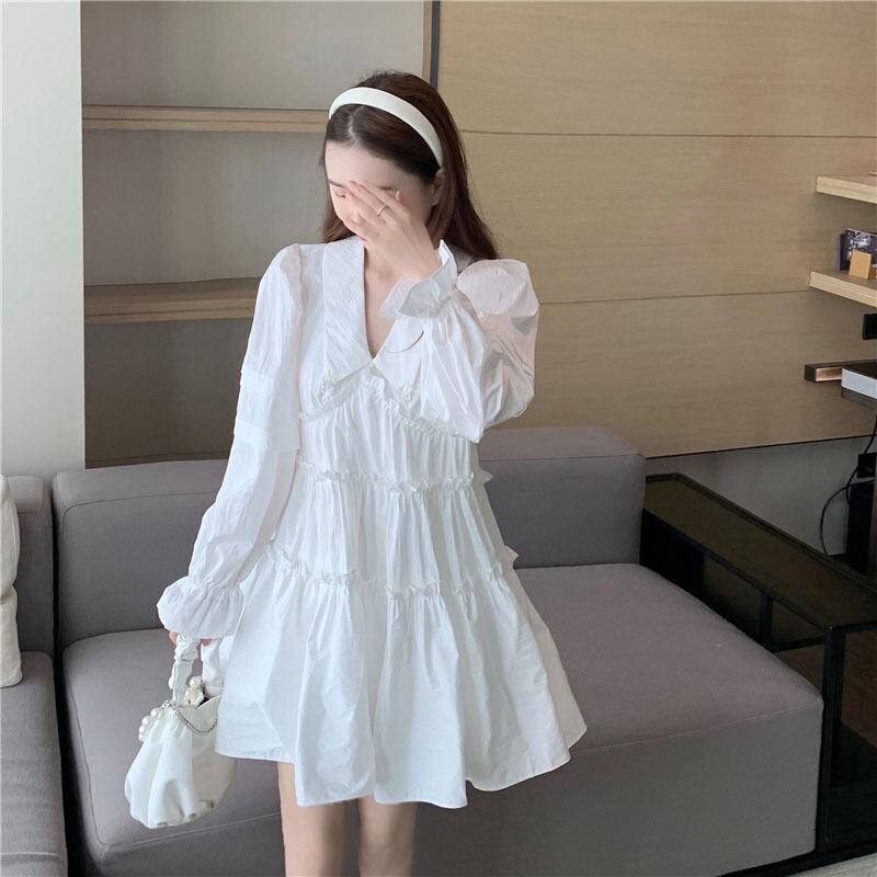 ドールカラーフレンチホワイトシャツドレス秋の長袖プリンセスショートスカート2020新しい妖精気質スカート ブラックストロベリース83558565787