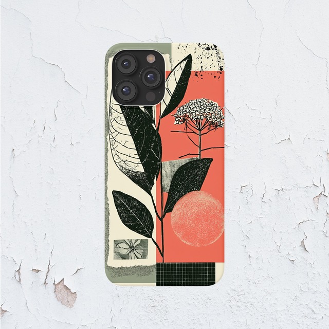 受注生産 iPhoneケース 黒い葉とサーモン紙片のボタニカルコラージュ｜植物モチーフ ZINE008D