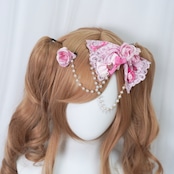♡【全2色】姫GAL ピンクローズ&パールチェーン レースリボンダブルヘアクリップ vivid pink ♡
