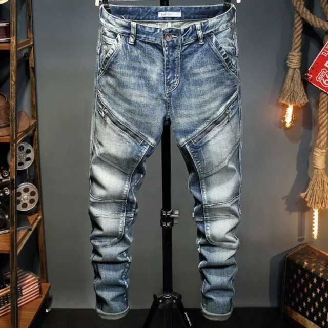 Double zip vintage wash biker denim